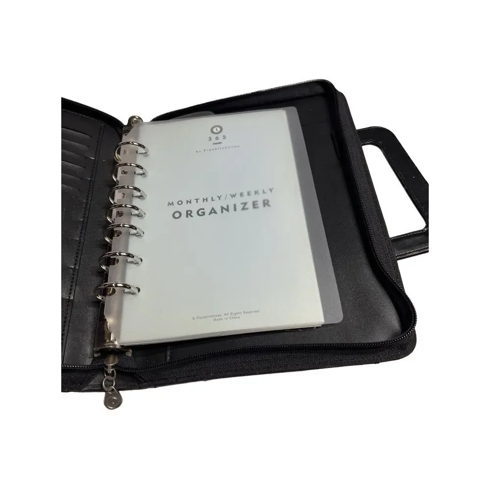 Franklin Covey Black Croc Embossed 7 Ring Organizer Planner w/ Handles Zipper